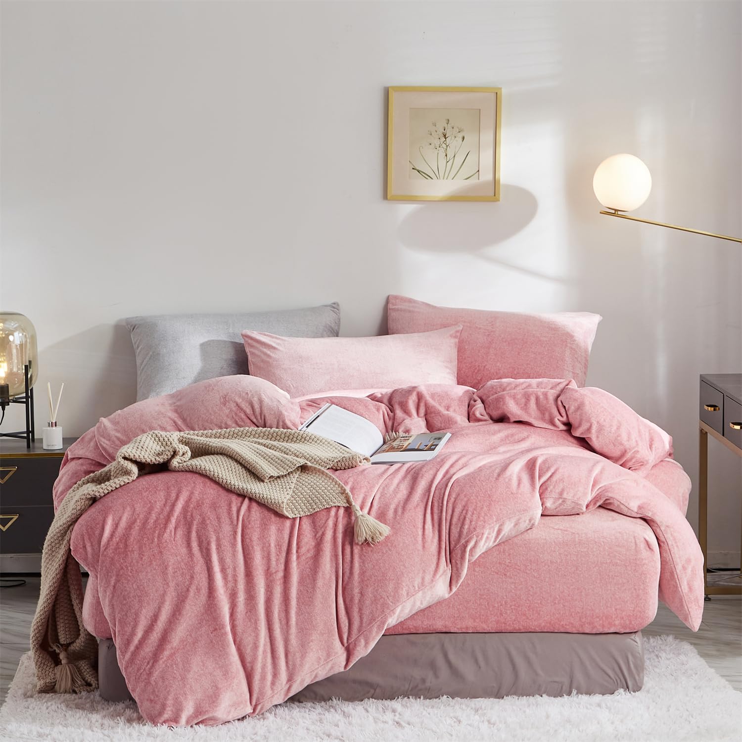 Set copripiumino in morbido velluto, rosa cipria, per letto queen size, autunno inverno, morbida e calda, per ragazze, rosa, 228,6 x 228,6 cm, lussuoso e accogliente pile felpato, set