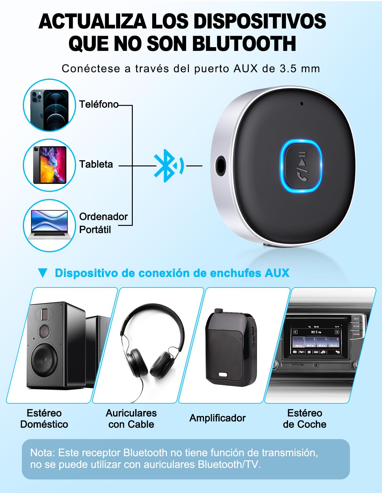 Mohard Receptor Bluetooth 5.0, AUX Adaptador Bluetooth Coche Audio Jack 3.5mm para Estéreo Domestico/Altavoz/Auriculares con Cable, Llamadas Manos Libres y Conexión Dual, Tiempo de Reproducción 16H — view 3