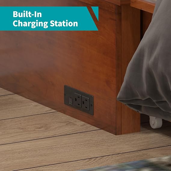 BALUS Murphy Bed, Queen Cabinet Bed with Tri-fold Memory Foam Mattress, Modern Adults Guest Room Murphy Chest Cube Beds with Built-in Charging Station and Storage Drawers for Bedroom Apartment, Cherry