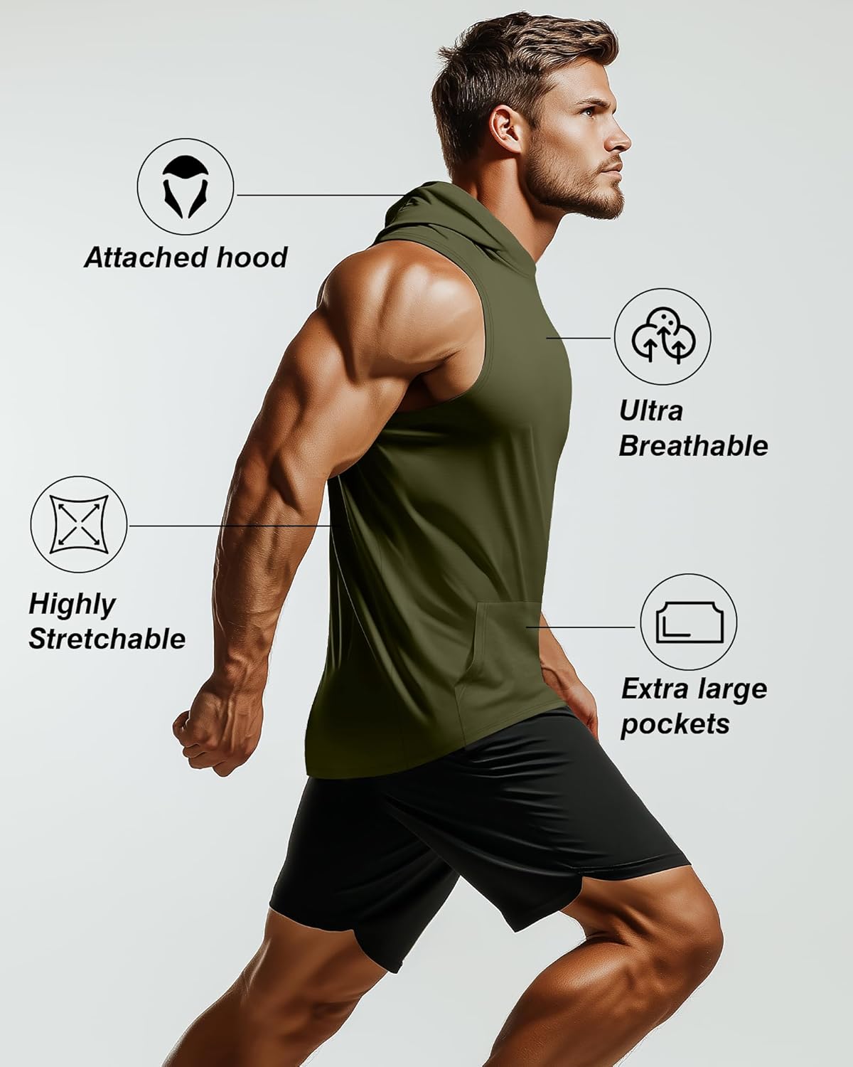 3 Pack Men's Big & Tall Workout Hooded Tank Tops, Cotton Sleeveless Gym Hoodies Bodybuilding Muscle Cut Off Shirts