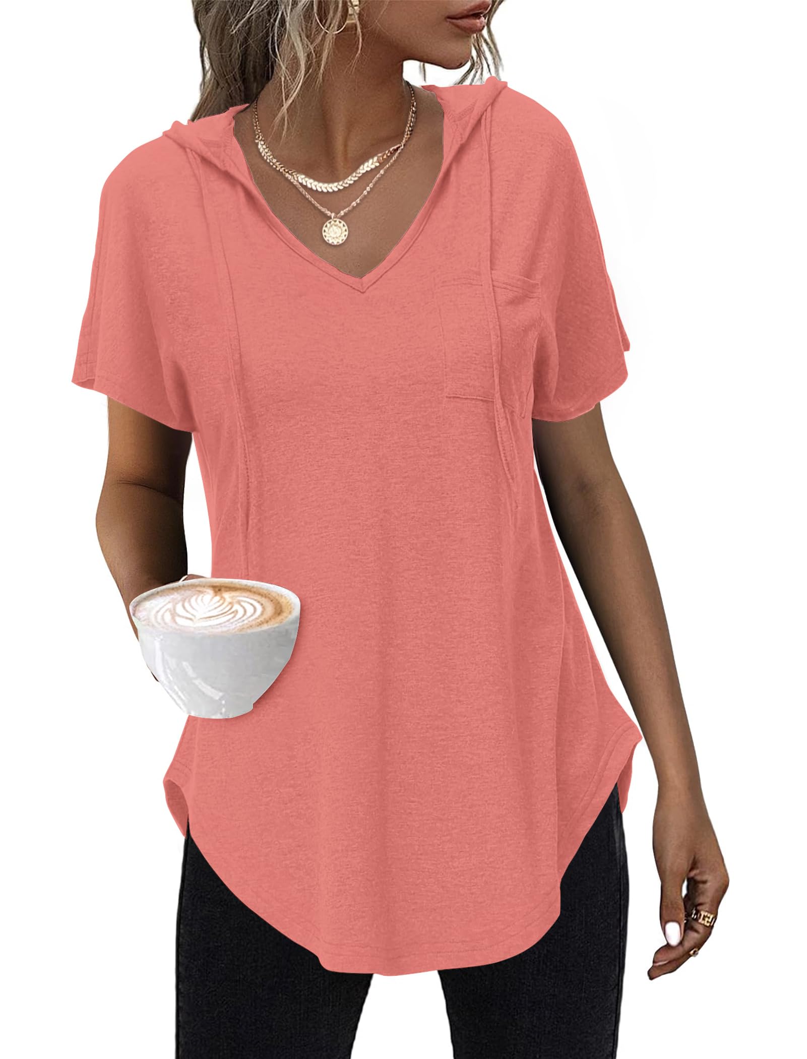 WNEEDU Hoodie Damen Sommer Kurzarm Kapuzenpullover T Shirt V Ausschnitt | Oberteile Damen Sommer Top mit Kordelzug Brusttasche Tshirt mit Kapuze Locker Lässige Casual