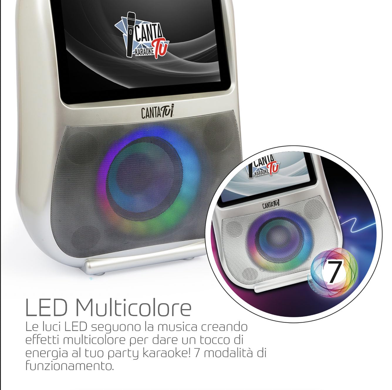 CANTA TU KARAOKE - PRO 2023 Professionale Completo con Microfono Wireless, Display Touch, Connessione Wi-Fi, Effetti Vocali, Luci LED, Batteria Ricaricabile, Voice Changer, Argento