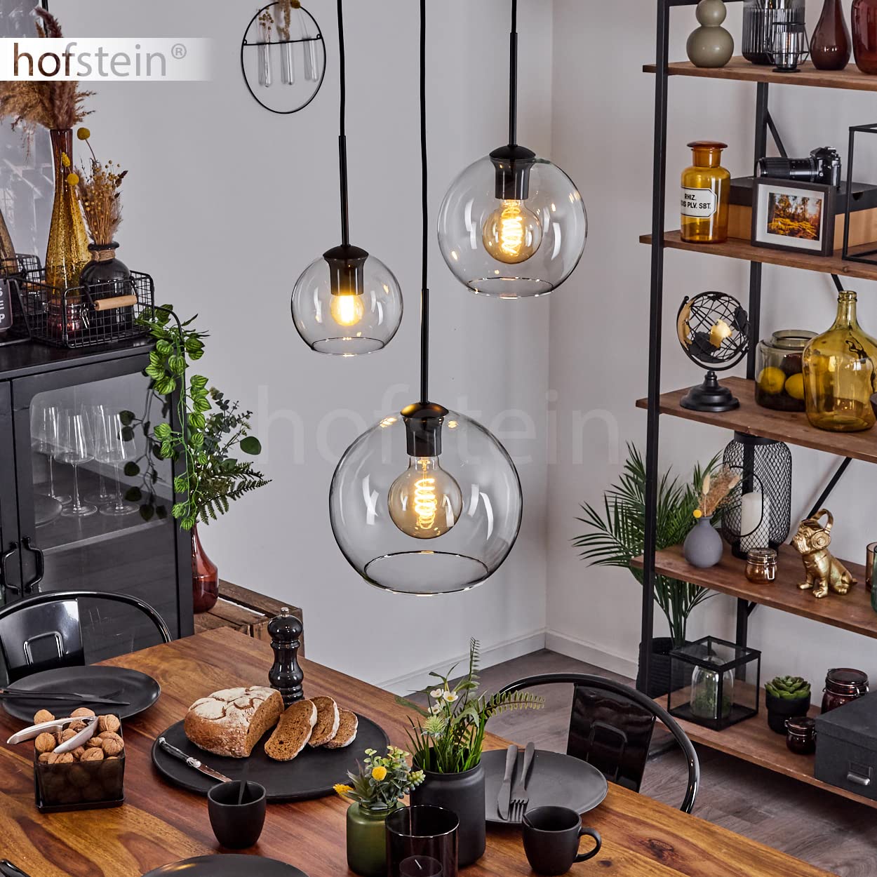 Lampada a sospensione Koyoto, lampada in metallo/vetro in nero/oro/chiaro, design retrò con paralumi in vetro (Ø15 cm; 20 cm; 25 cm), altezza massima 146,5 cm, 3 luci, 3 x E27, senza lampadina/e