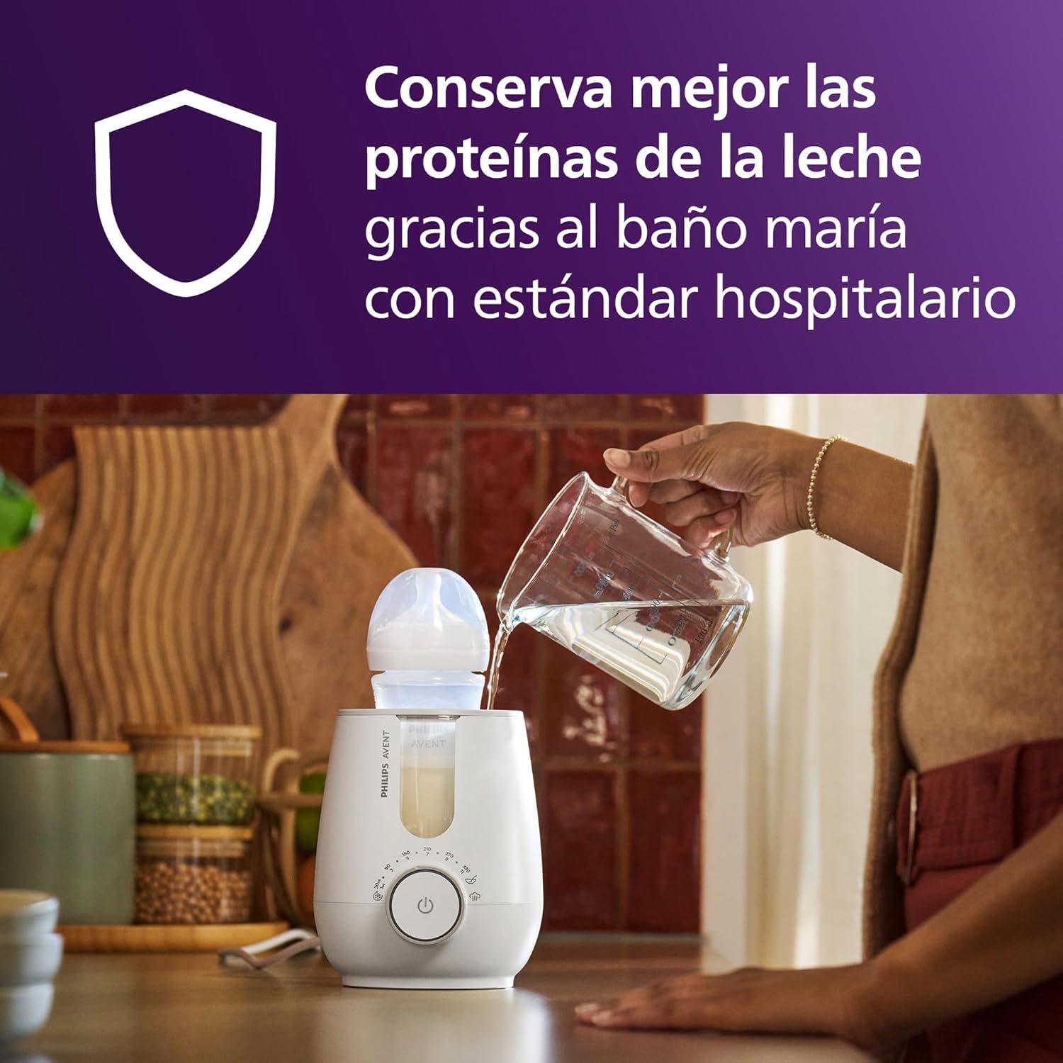 Calentador y esterilizador 2 en 1 con tecnología de baño de agua estándar de calidad hospitalaria, sensor de temperatura inteligente, prevención de zonas calientes, SCF359/00