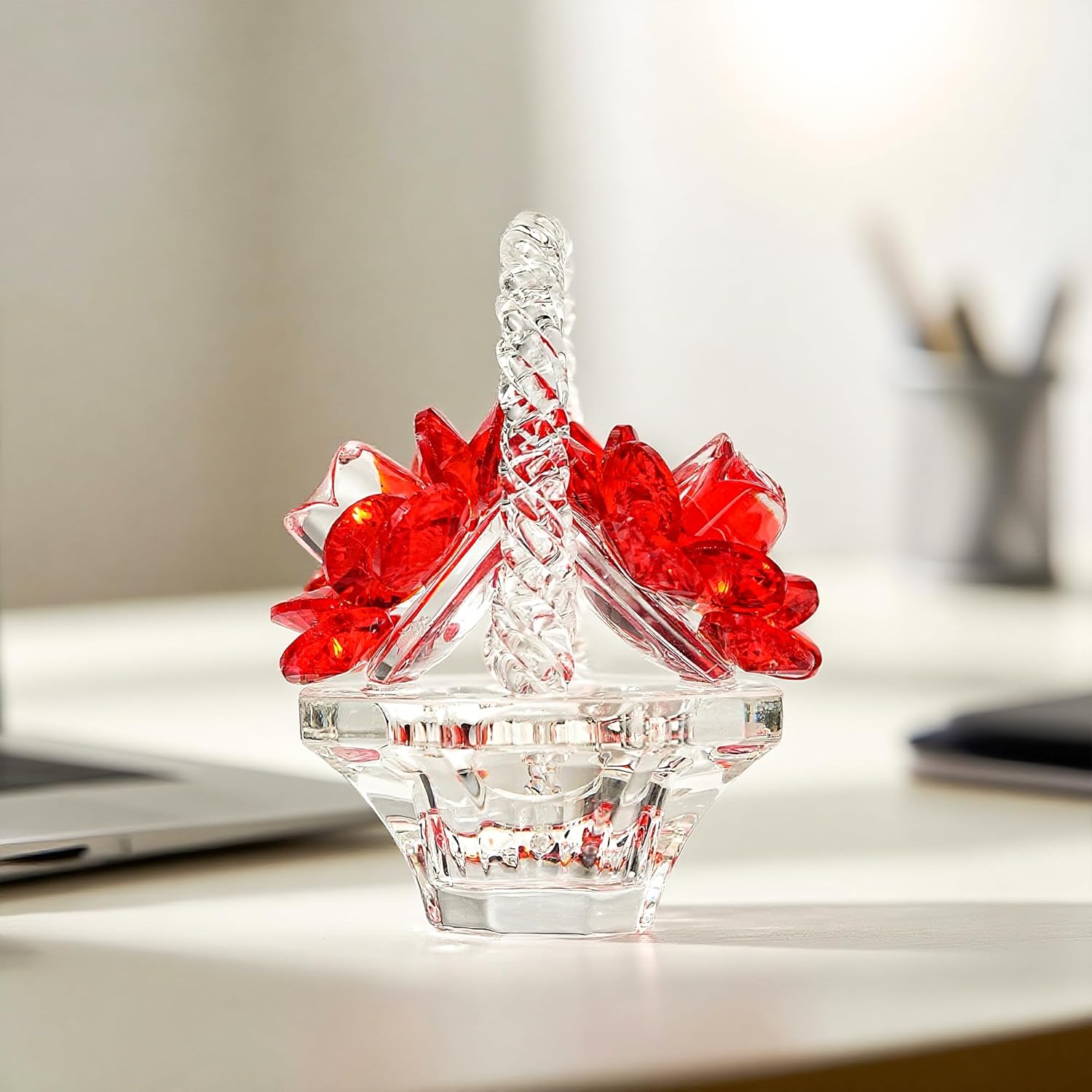 H&D HYALINE & DORA Crystal Red Rose Flower Basket Crystal Collectible Figurines Ornaments for Home Decor Table Centerpiece - Image 3
