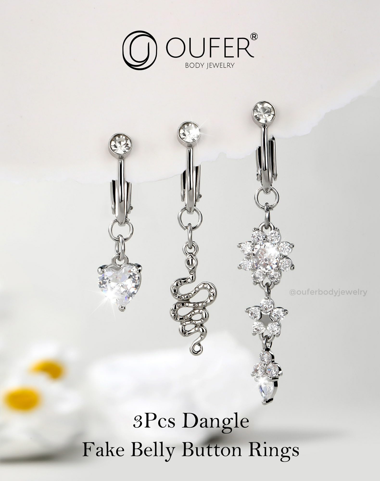 3PCS Fake Belly Button Piercing Jewelry, Non-Piercing Clip on Belly Button Rings, Surgical Steel Dangle Clear CZ Faux Navel Rings for Women Men