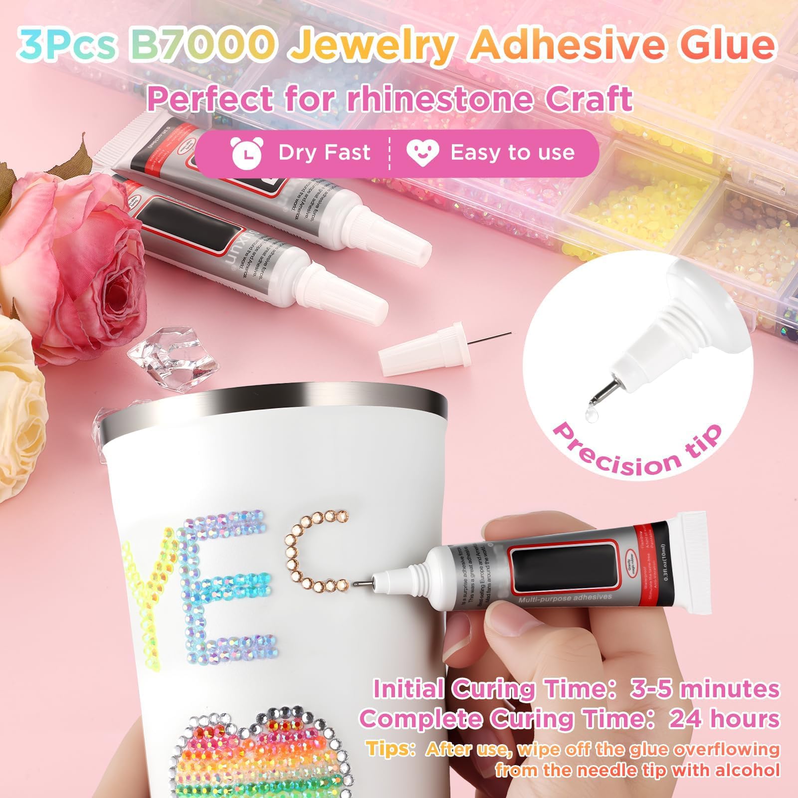 Lot de 32 000 strass en résine pour travaux manuels, 3 mm, 40 couleurs, 3 mm, kit éblouissant avec 3 pièces de colle pour vêtements, chaussures, livres et diamants