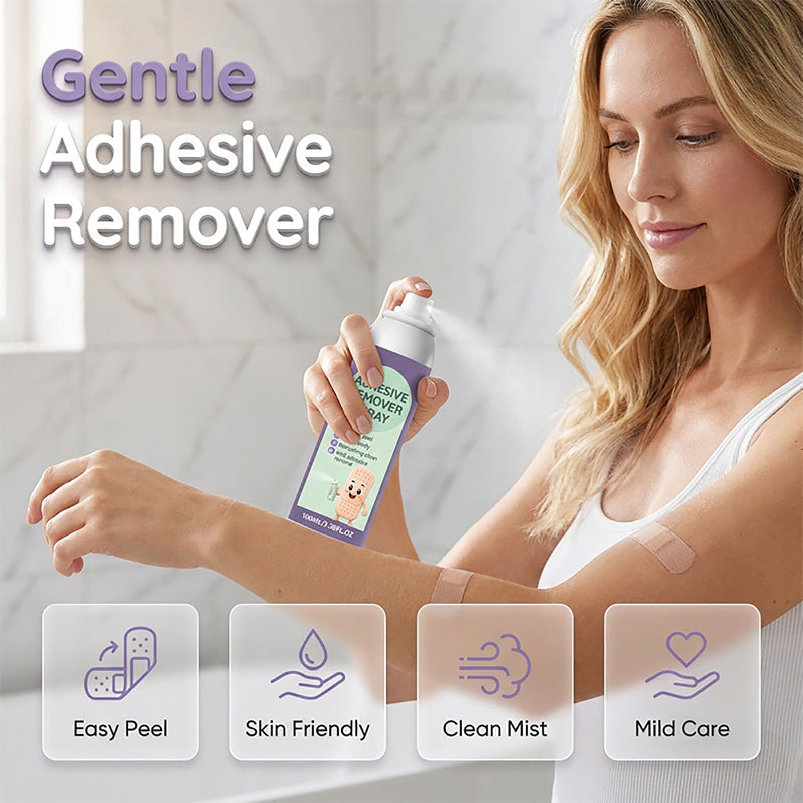 Spray doux pour retirer les résidus d'adhésif (100 ml) – Liquide nettoyant et adoucissant pour enlever les résidus de pansements et rubans adhésifs Séchage rapide – Pour peaux sensibles (3Pcs)