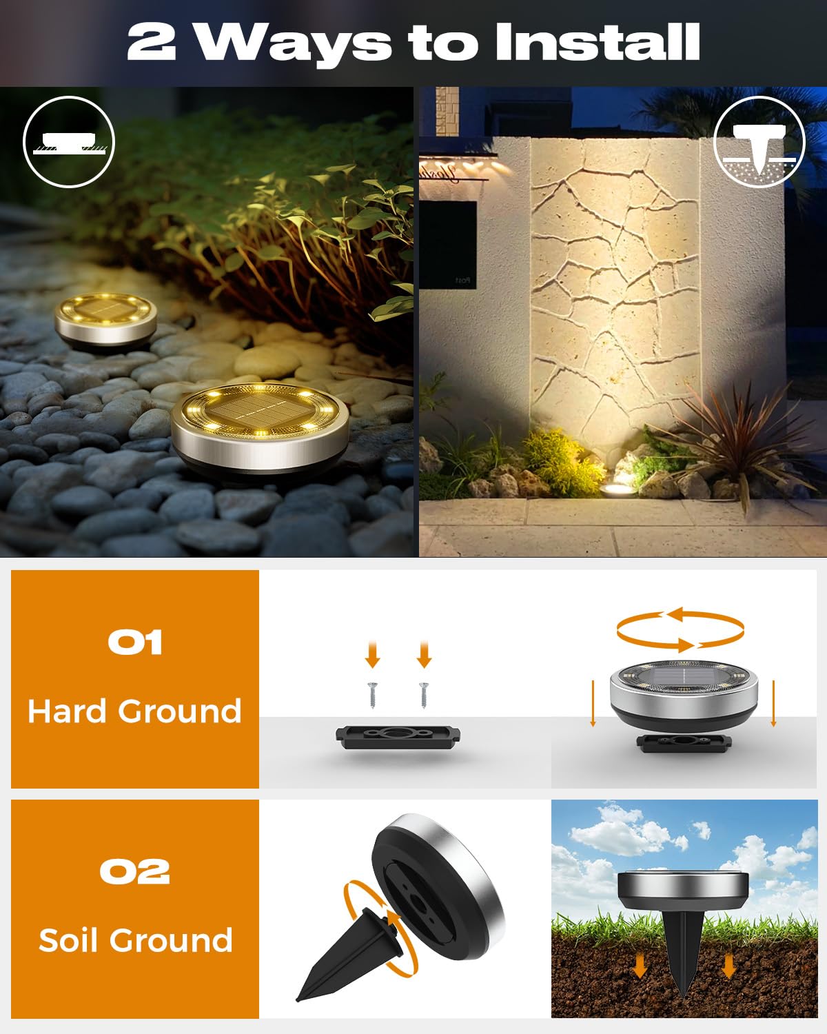 btfarm 16 Pezzi Luci Solari da Giardino, 8 LED Faretti Sepolta Solari a Led da Esterno, IP65 Impermeabile Lampade Solare da Terra per Prato Scala Strade Paesaggio, Bianco Caldo