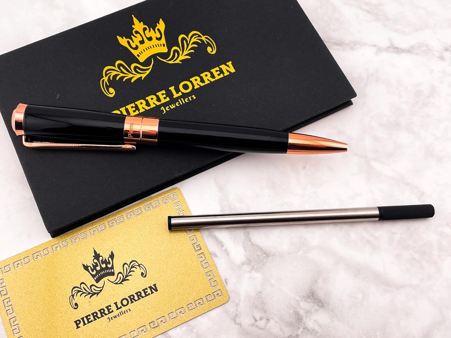 Pierre Lorren 18k Rose Gold Overlay Designer Silver Pen Blue Ballpoint Handmade Black Refill Christmas Birthday, Graduation Gift for Him Boyfriend Grandson Son Symbol of SUCCESS (Black 18k Rose Gold)