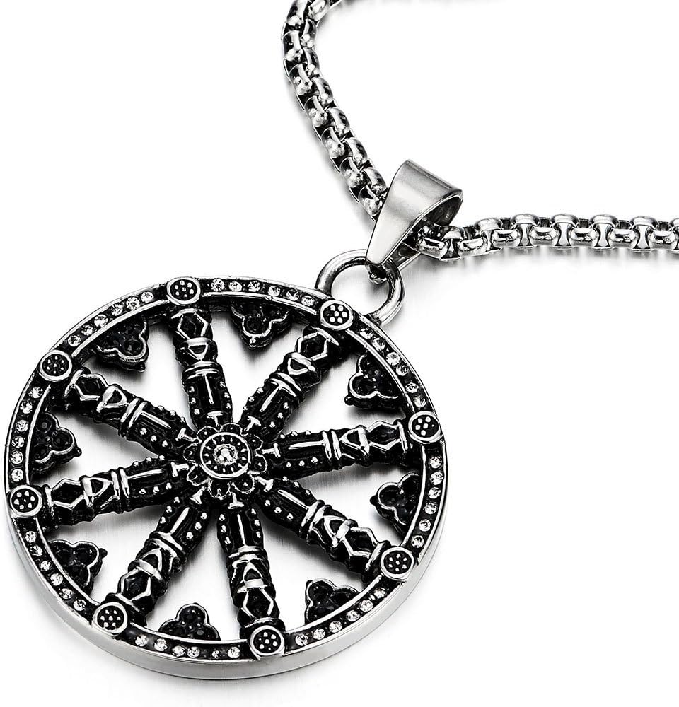 Mens Large Steel Dharma Chakra Pendant Dharma Wheel of Law Symbol Necklace with 30 in Chain