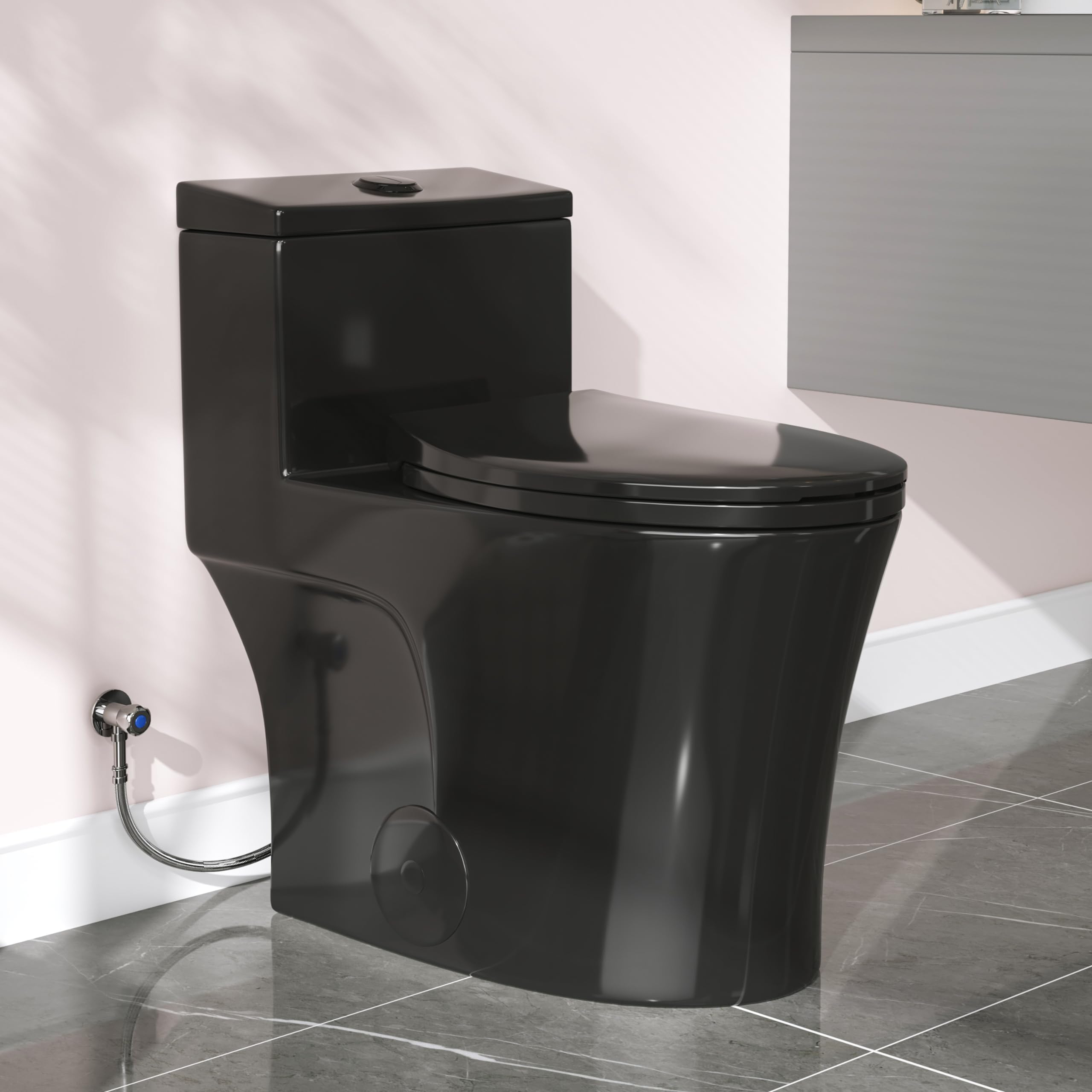 HOROW T0338WB Elongated One Piece Toilet Black, Compact Modern Toilet with Comfortable Seat Height, ADA Chair Height 17.3", Power Dual Flush 0.8/1.28 GPF, Matte Black, 12" Rough-in