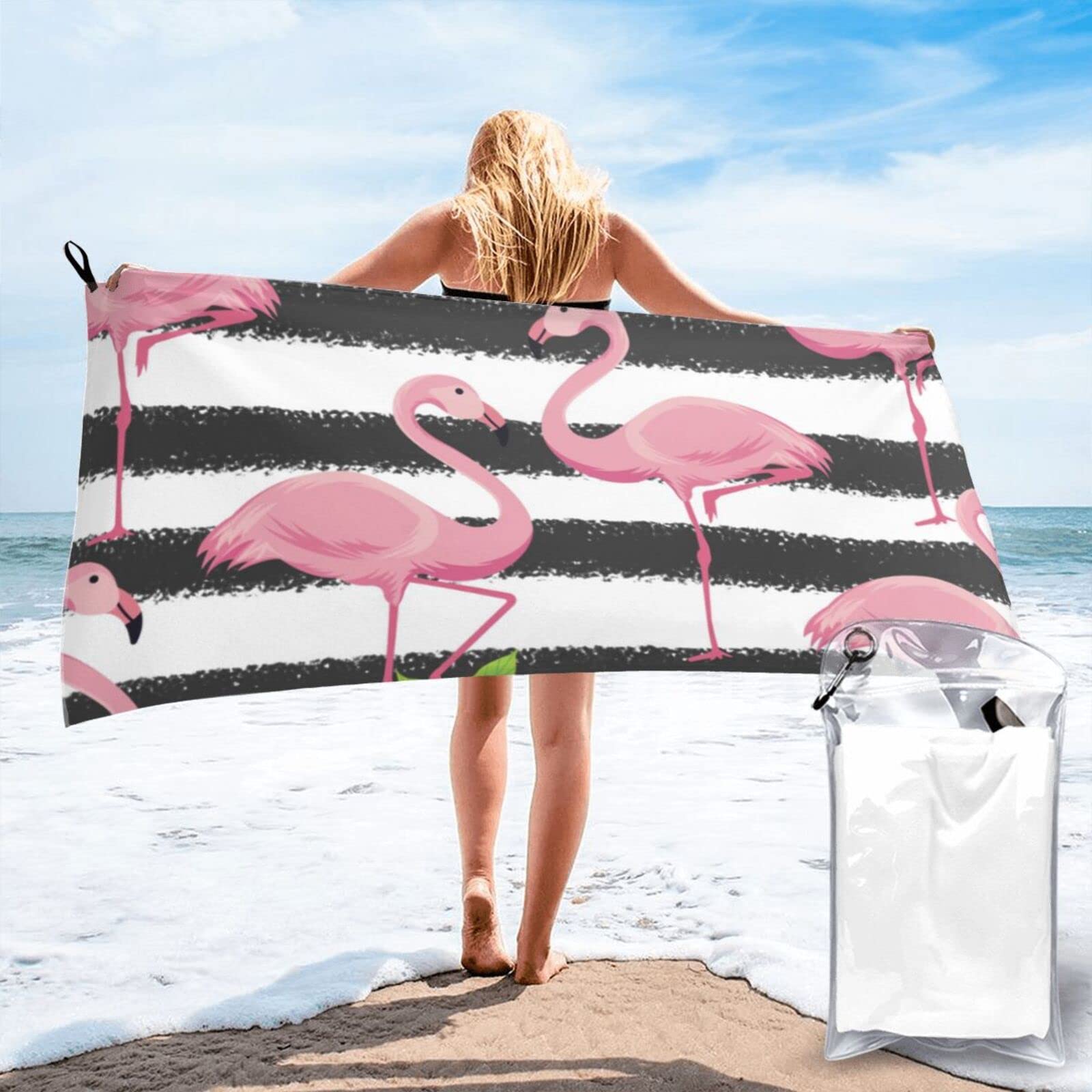 Lawenp Flamingos Microfiber Beach Towel Adults Large Quick Drying Bath Towel Travel Towels with Pouch 31.5"x63"