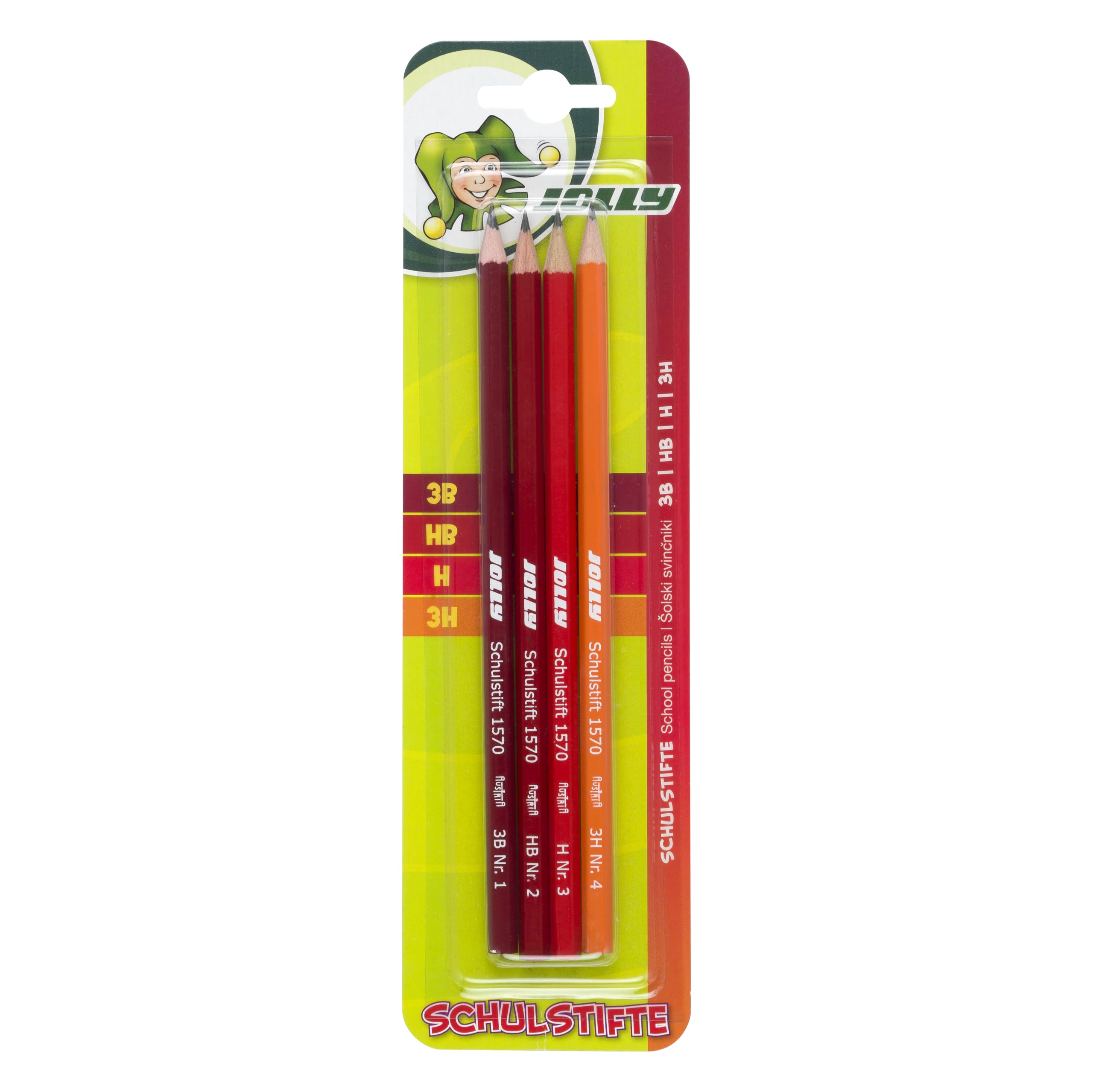 JOLLY School Pencils, Blister Pack of 4, Hardness Grade 3B, HB, H, 3H, Versatile Graphite Pencils for School, Writing, Drawing, Sketching, Handy, Robust, Ideal for Case or Pencil Case