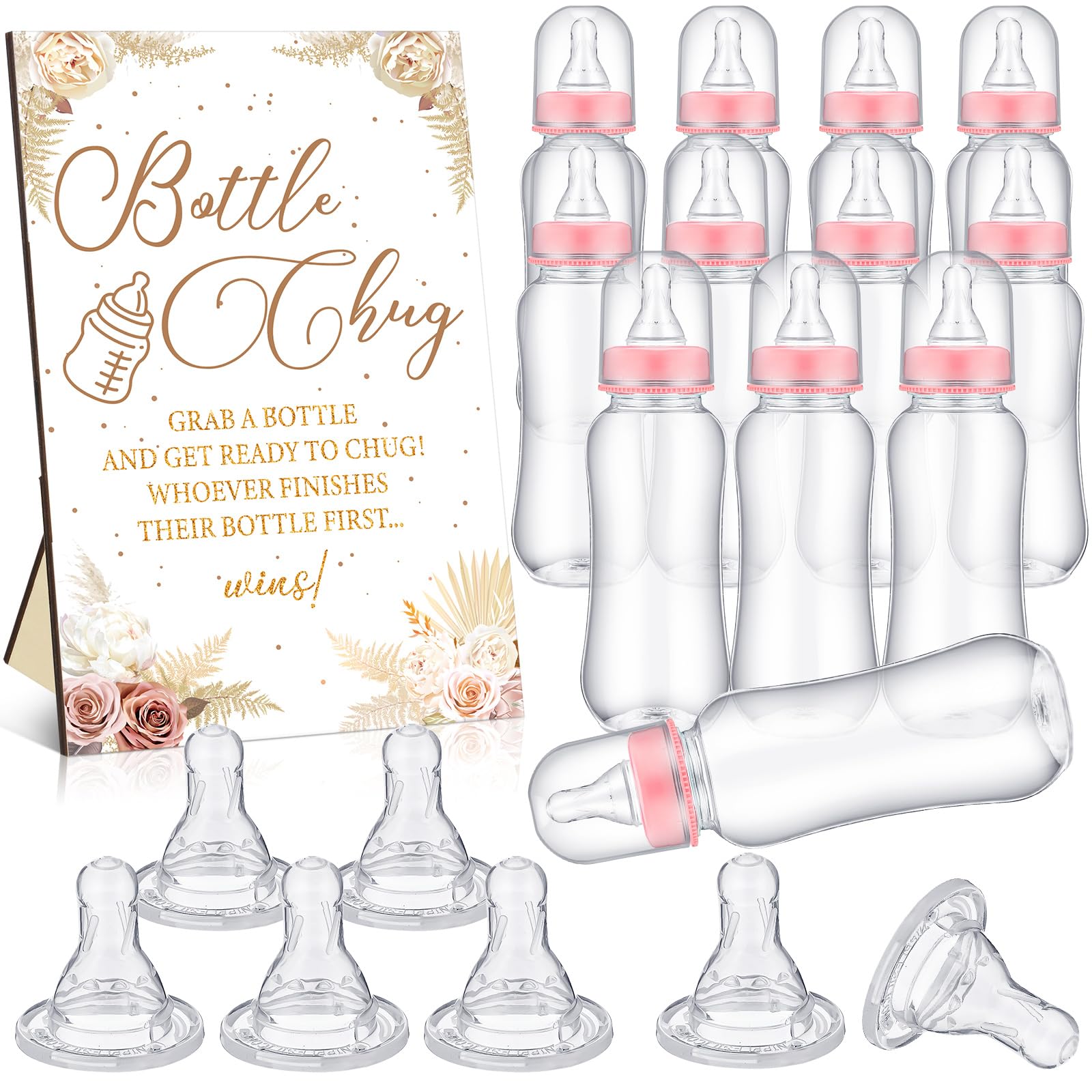 TrelaCo Cool Baby Shower Games Wooden Bottle Chug Sign Boho Theme Gift Sets and 12 Pcs Baby Bottle Shower Favor for Pampas Games Gender Reveal (Boho