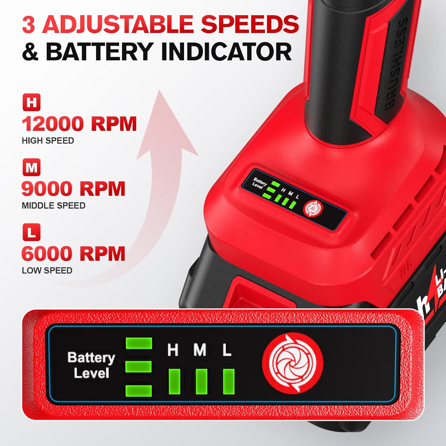 Cordless Angle Grinder 4-1/2 inch, 12000 RPM Brushless Motor Electric Grinder Power Tools with 2x4.0Ah Battery & Fast Charger, Power Metal Grinder for Cutting, Grinding, Polishing - Image 3