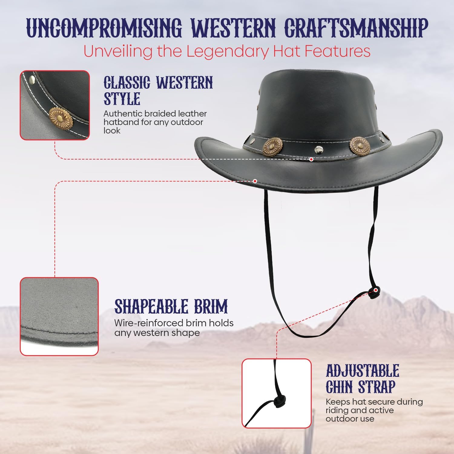 Equine Care Leather Cowboy Hat for Men & Women – Western Rancher Hat with Shapeable Wide Brim & Chin Strap