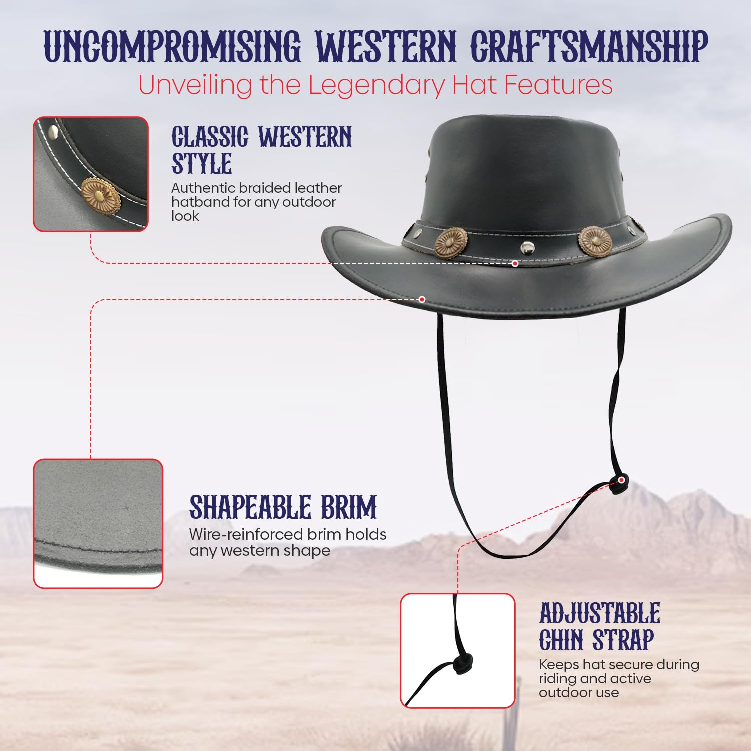 Equine Care Cappello da cowboy in pelle nera (L 58-59 cm) per uomini e donne - Cappello Western Outback in vera pelle bovina spaccata con tesa modellabile da 2,7 ″, banda concho decorativa, cappello