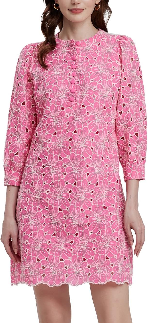 D-Sun Women's Floral Jacquard Dress Crewneck 3/4 Sleeve 3D Embroidered Slim Mini Dress Button Down Fall Elegant Short Dresses