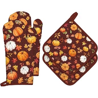 Autumn Pumpkin Oven Glove and Pot Holder Set of 4 Cotton