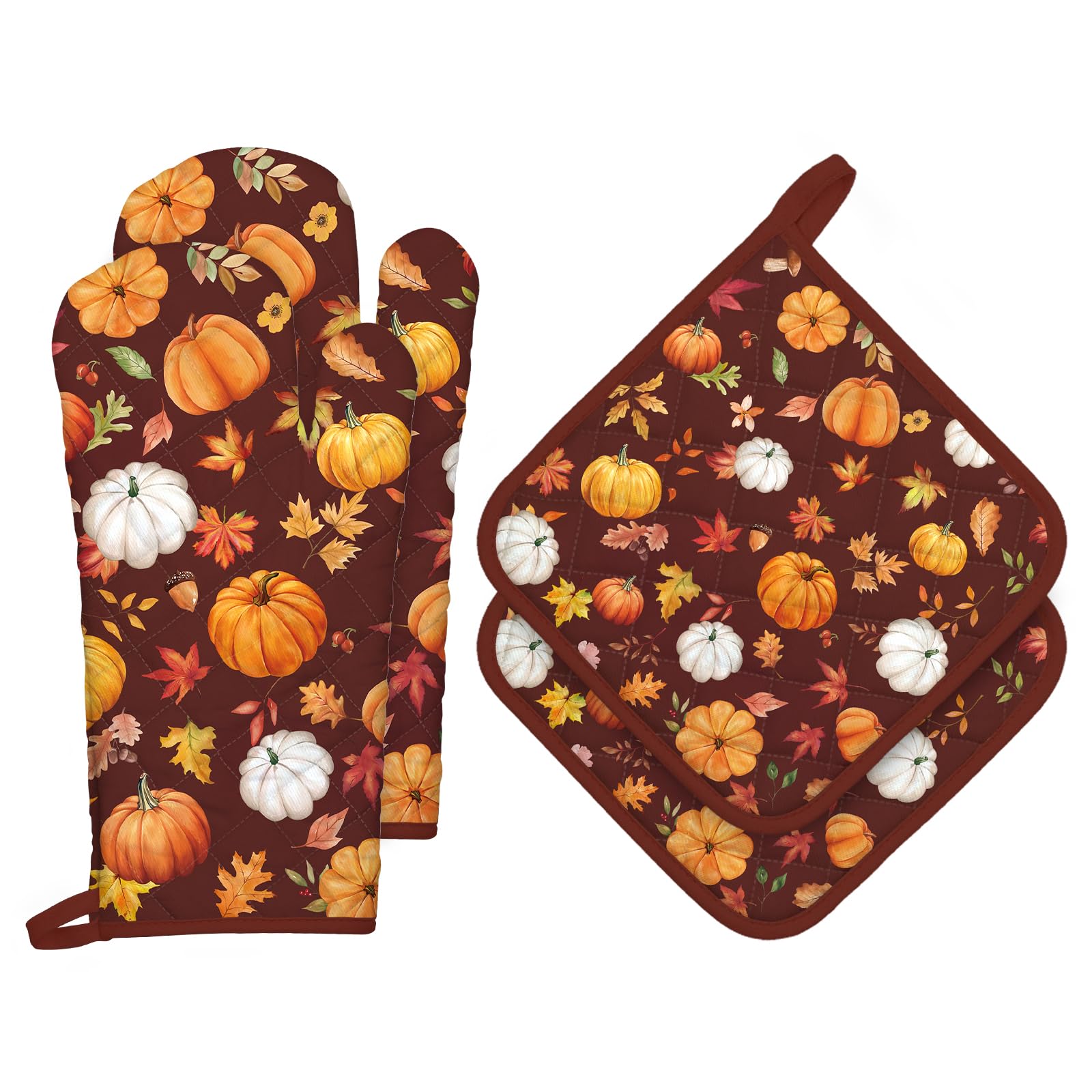 Arquiel Fall Pumpkin Leaves Oven Mitts and Pot Holders -100% Cotton, Heat Resistant Extra Long Oven Gloves & Hot Pads for Cooking BBQ Grilling Baking Gift, Set of 4 — image 1