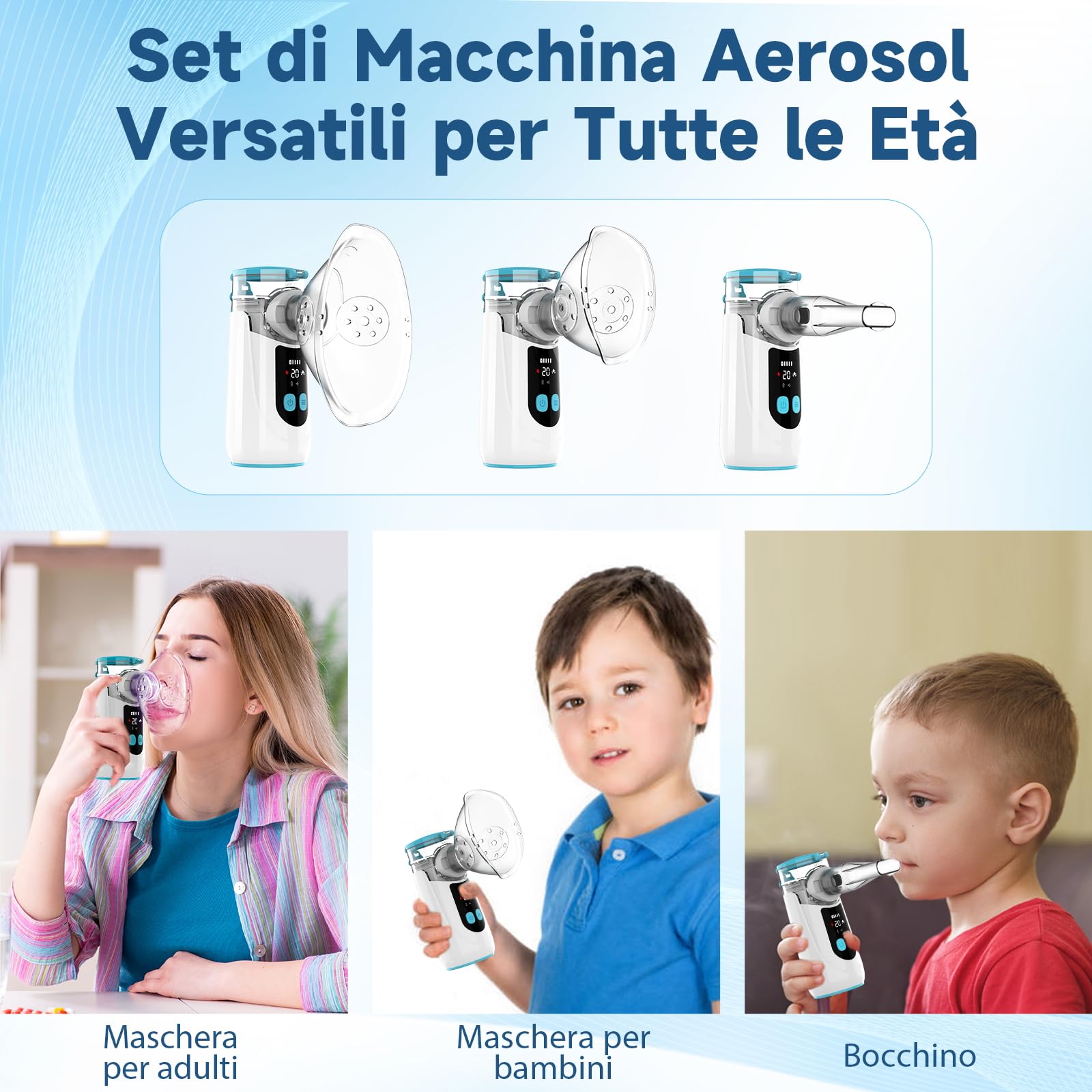 Wholede Aerosol Portatile Silenzioso, Ricaricabile Macchina Aerosol per Adulti e Bambini, Aerosol Ultrasuoni con 2 Maschere e Boccaglio(Nuova Versione 2025)
