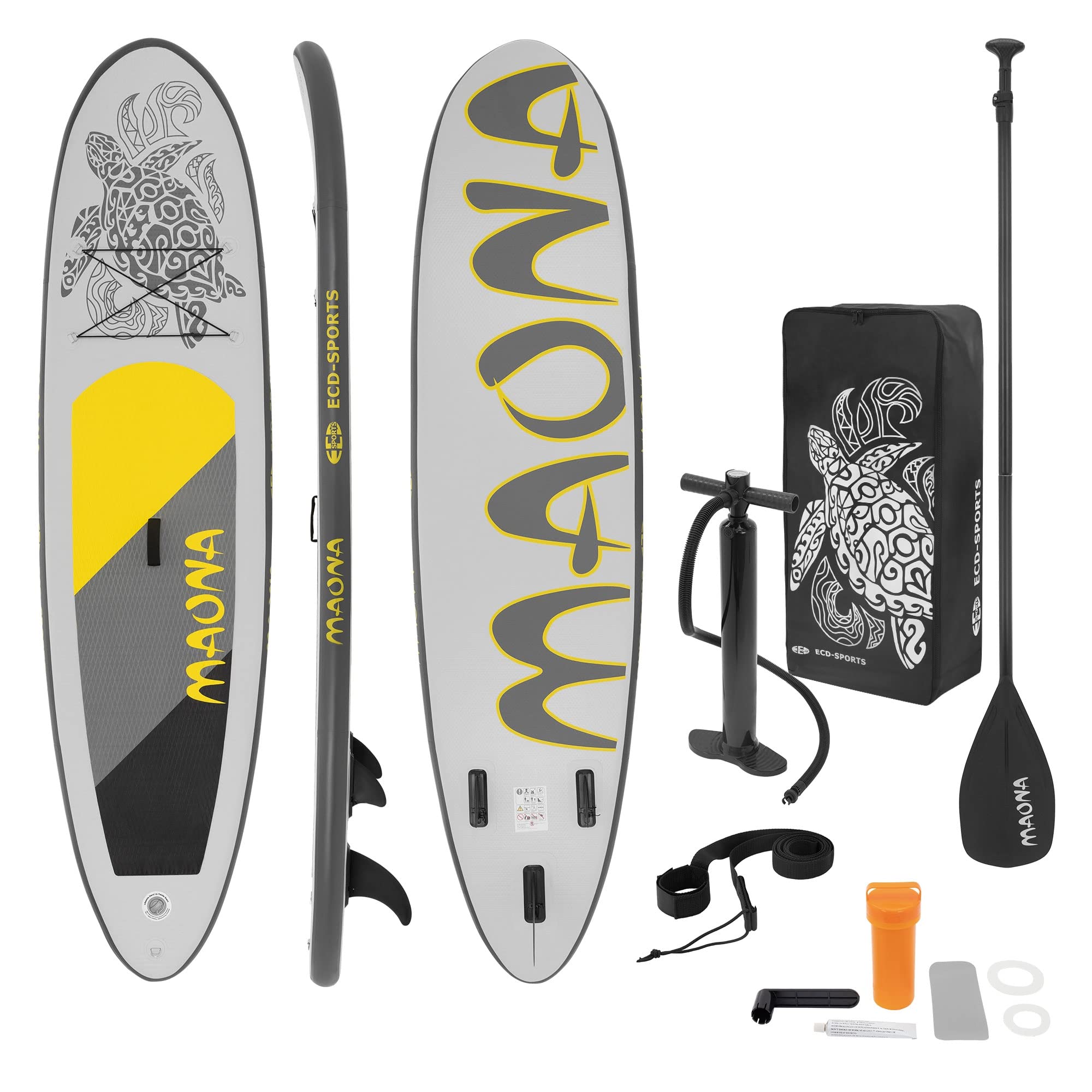 ECD Germany Tabla Hinchable Maona Paddle Surf/​Sup 308 x 78 x 10 cm Gris Stand up Paddle Board PVC hasta 120kg 3 Aletas deslizantes Diferentes Modelos Incl Paleta Aluminio Bomba y Accesorios