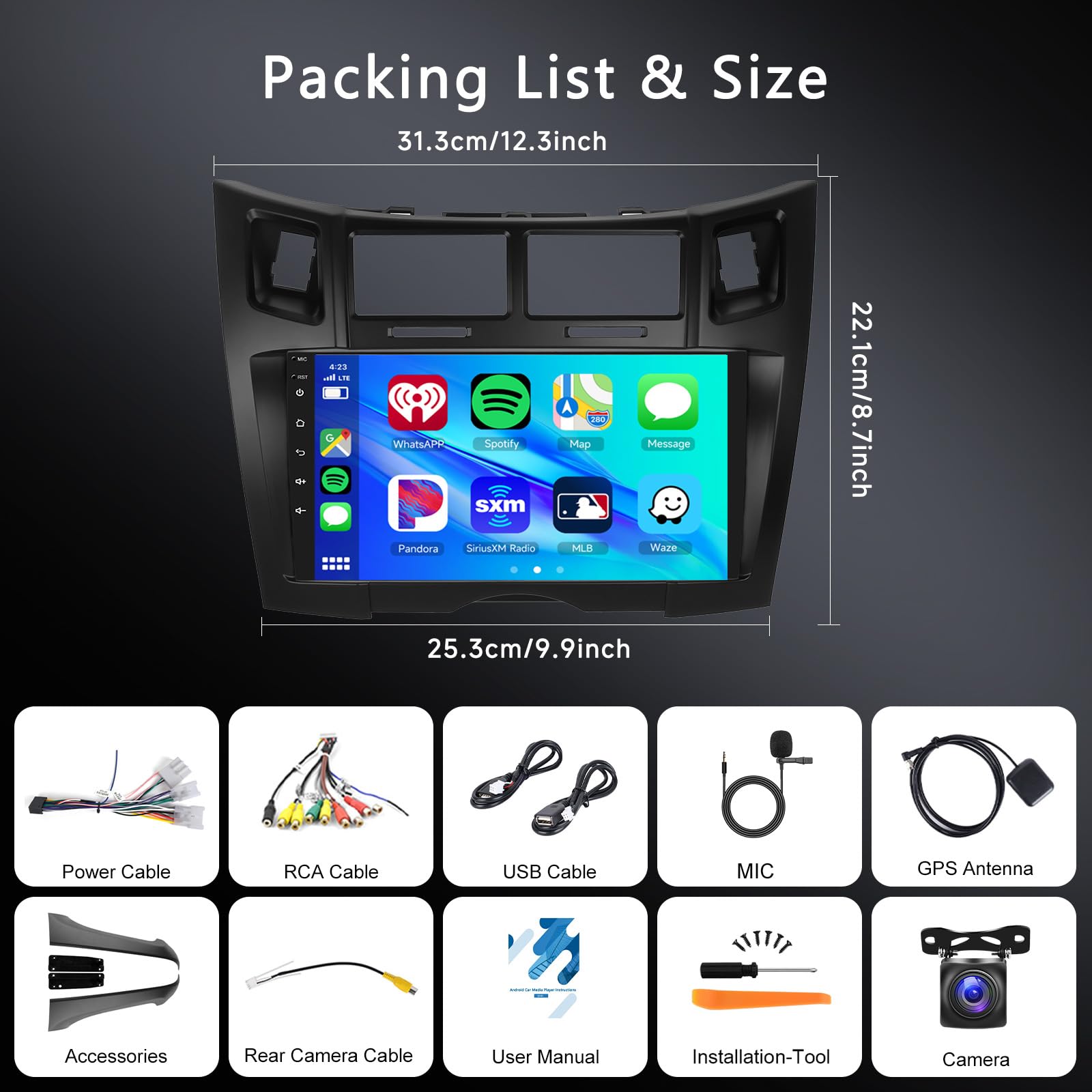 Hodozzy 2GB 64GB Android Autoradio per Toyota Yaris/Vizi 2005-2011 Radio con Wireless Carplay Android Auto, 9 Pollici Touch Screen Auto Stereo GPS Navigatore, Bluetooth, WiFi, FM RDS Radio, BT/DSP
