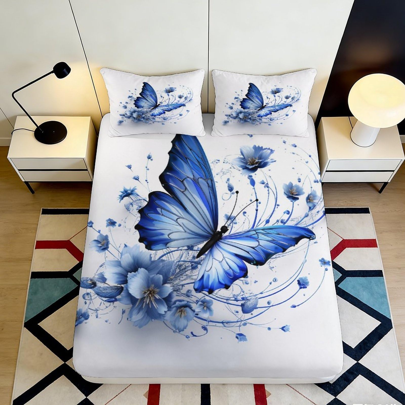 Pnayamiorkfel Style-9 3D Printed Blue Butterfly Fitted Sheet Microfiber Floral Bed Cover Non-Slip Easy Care Artistic Bedroom Dorm Decor 90X200x25cm