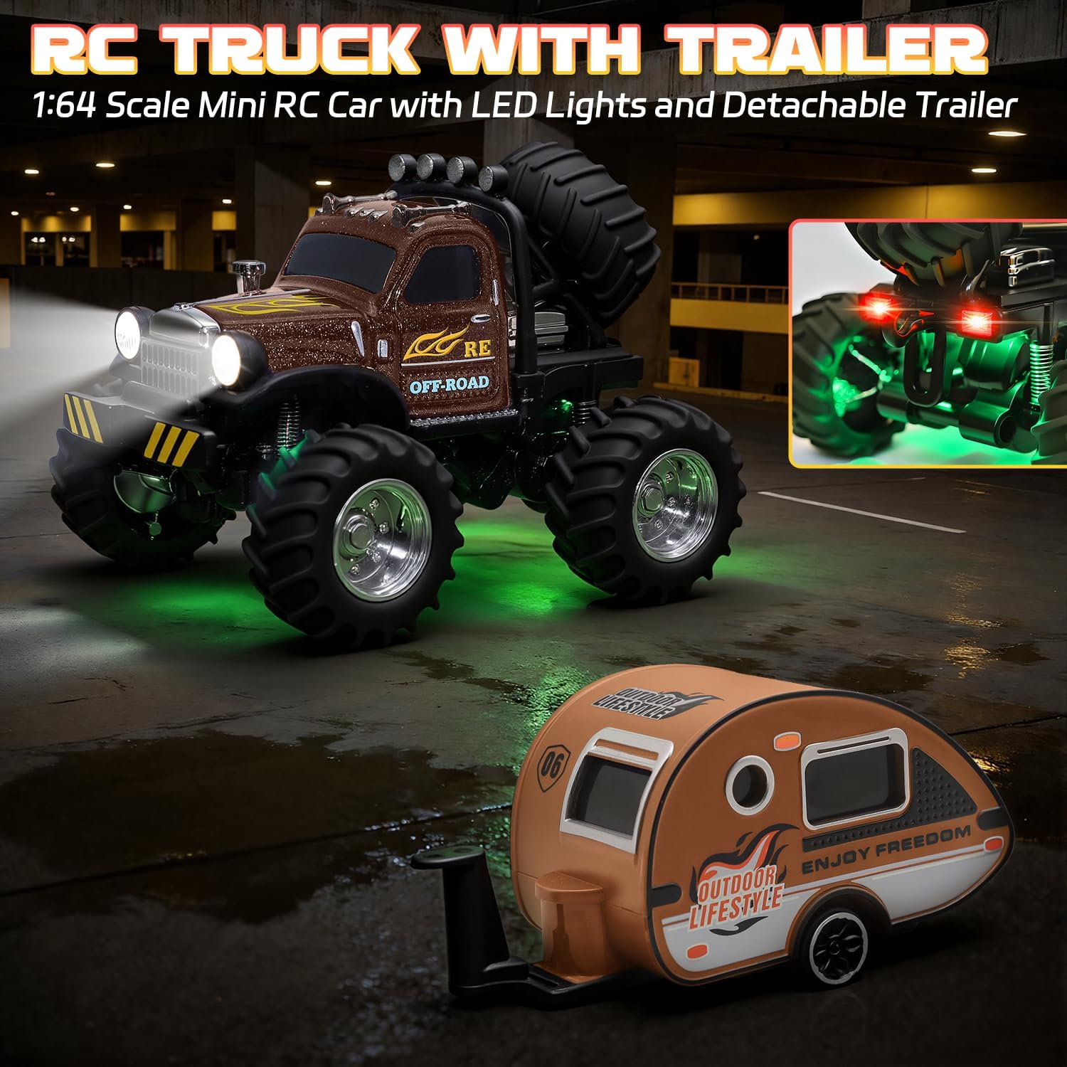 Snugzy Mini RC Car 1:64 Scale RC Truck for Kids with Trailer 2.4Ghz Remote Control Rechargeable RC Cars Toy Gifts for Boys Girls Adult (Brown)