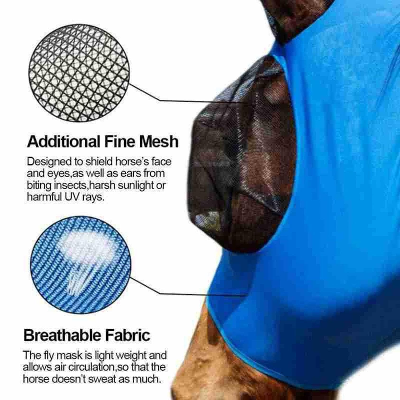 Masque anti-mouches pour chevaux avec oreilles, lycra respirante, protection UV, 3 pièces