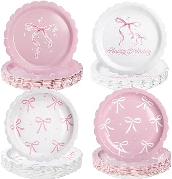 Kinovo 48 Pcs Pink Bow Paper Plates, Bow Dessert Plates for Birthday Decorations, Bow Cake Plates for Pink Party Decorations Which Can Serve 48 7inch