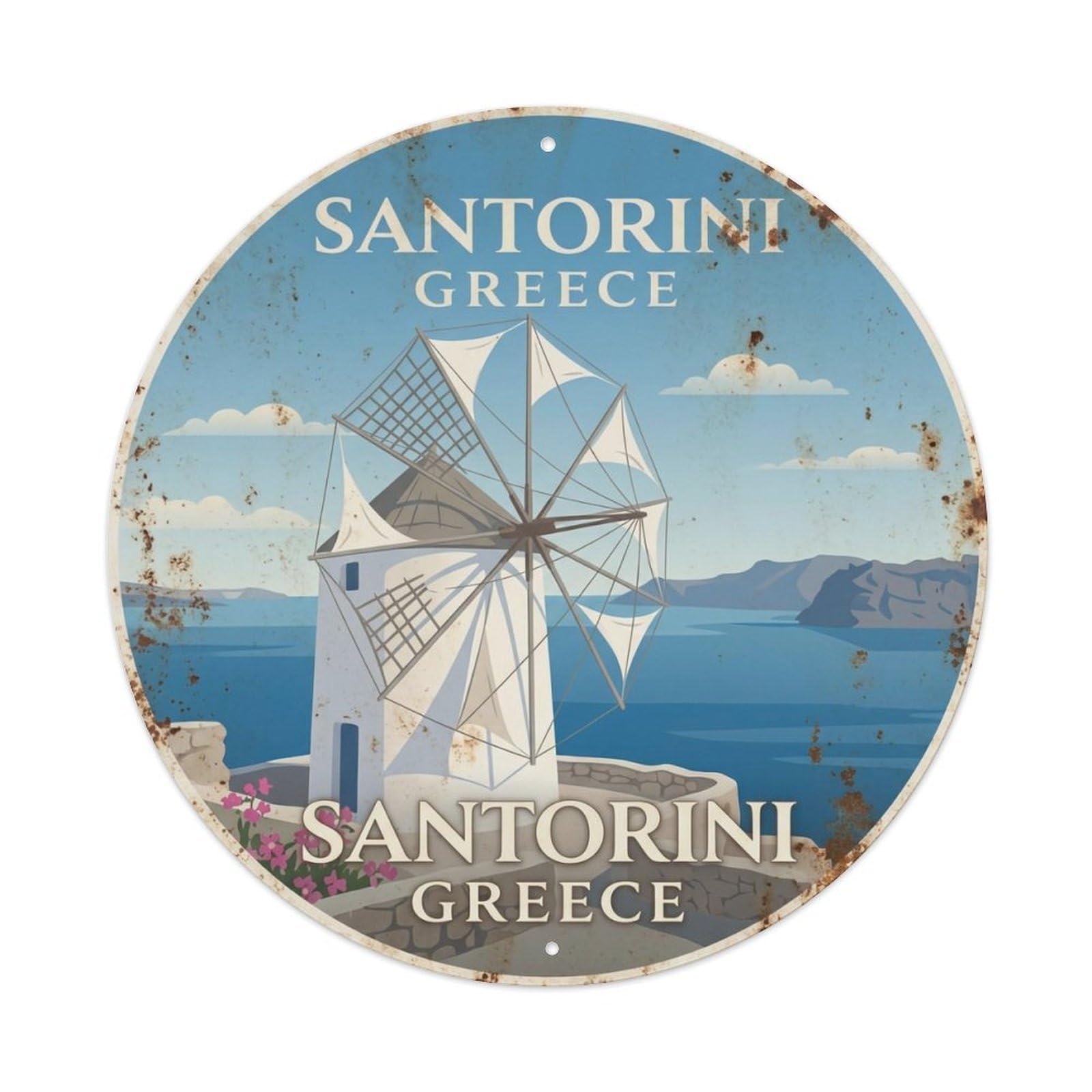 Vintage Travel Windmill Santorini Traditional Metal Tin Sign