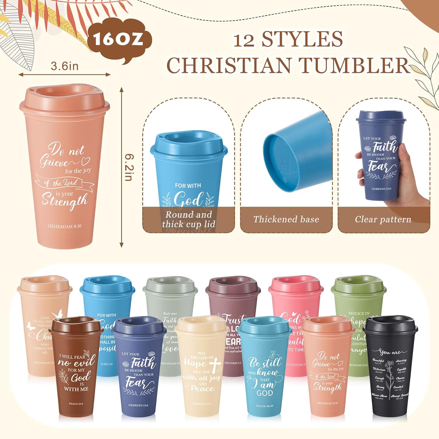 Skylety 12 Set/ 48 Pcs Christian Gifts Bulk Church Christmas Religious Gift Set 16 oz Bible Scripture Cups with Lids Mini Spiral Notebooks Pens Keychains for Women Staff Team Friends (Morandi Color) - Image 2