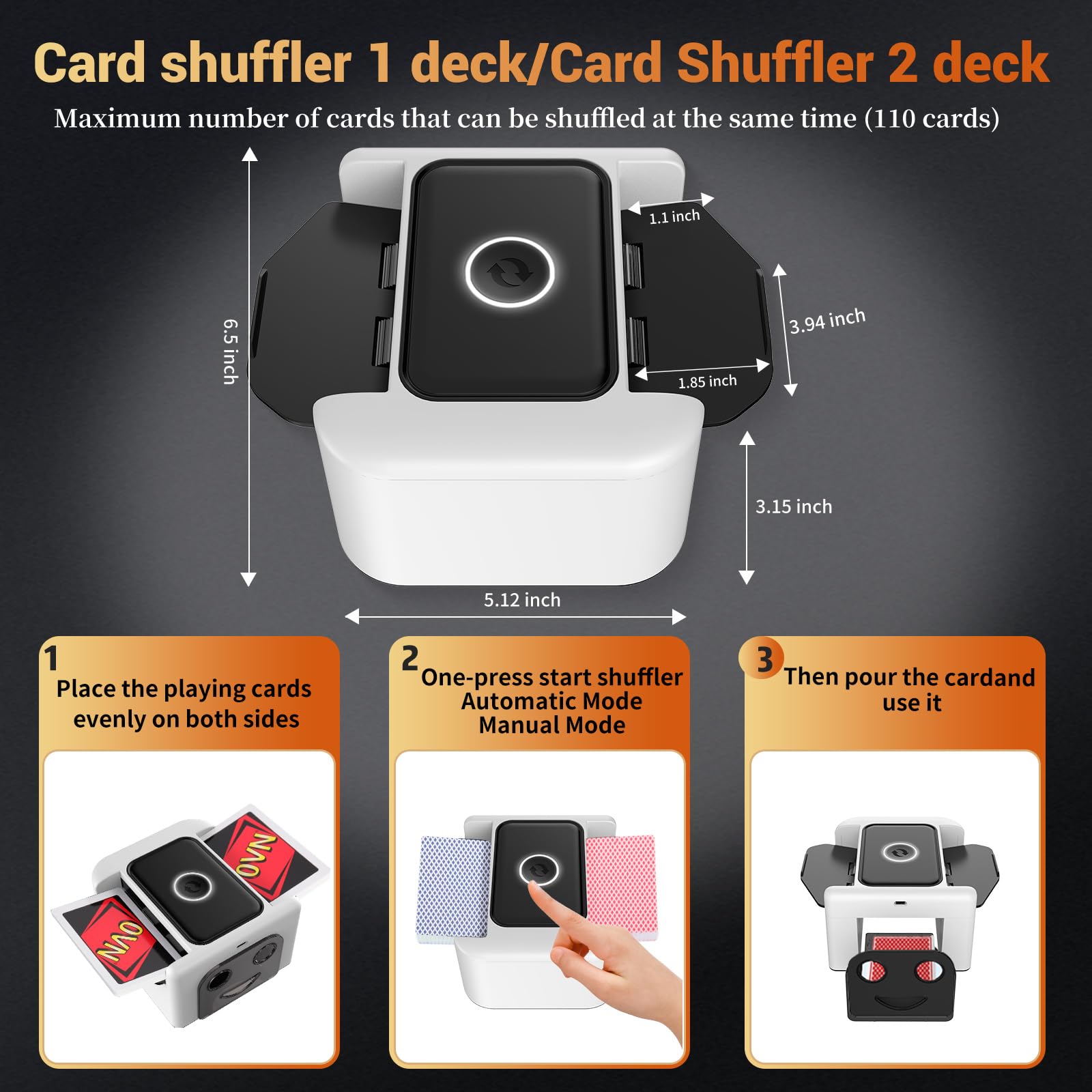 Wiederaufladbar Automatischer Kartenmischer 1-2 Deck, Geräuscharm Elektrische Mischmaschine Karten, Tragbar Schneller Mischer, Auto Spielkartenmischer für UNO Romme Phase 10 (Weiß)