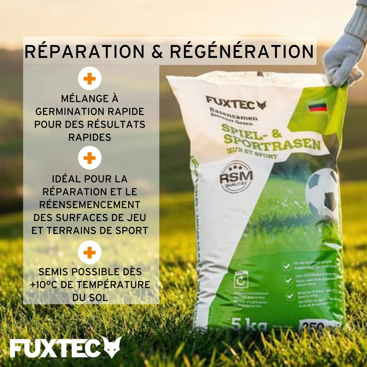 FUXTEC FX-RSSP5 Graines de pelouse, gazon de jardin robuste pour semis neuf et ultérieur, grande capacité de germination, croissance dense, résistante et résistante à l'écrasement, 5 kg pour env. 250