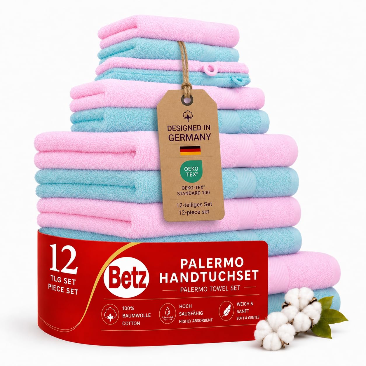 Betz Lot de 12 pièces 100% Coton Palermo 2 draps de Bain 4 Serviettes de Toilette 2 d'invités 2 lavettes 2 Gants de Toilette Couleur Rose et Turquoise