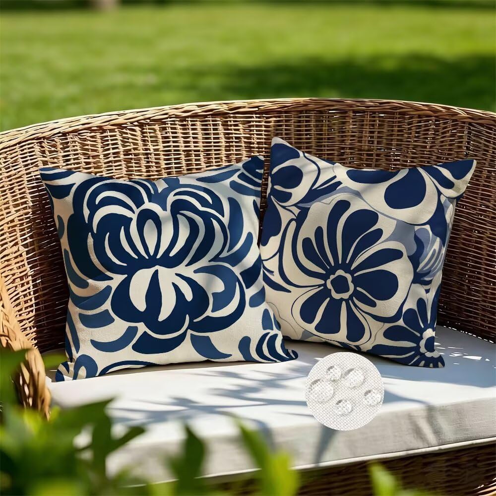 Federe Cuscini da Esterno Impermeabili 65x65 Blu Navy Copri Cuscini per Divano Fiori Federa Cuscino Astratto Decorativi Copricuscini per Divano Giardino Patio Soggiorno Copricuscino Set di 2 (IU367)