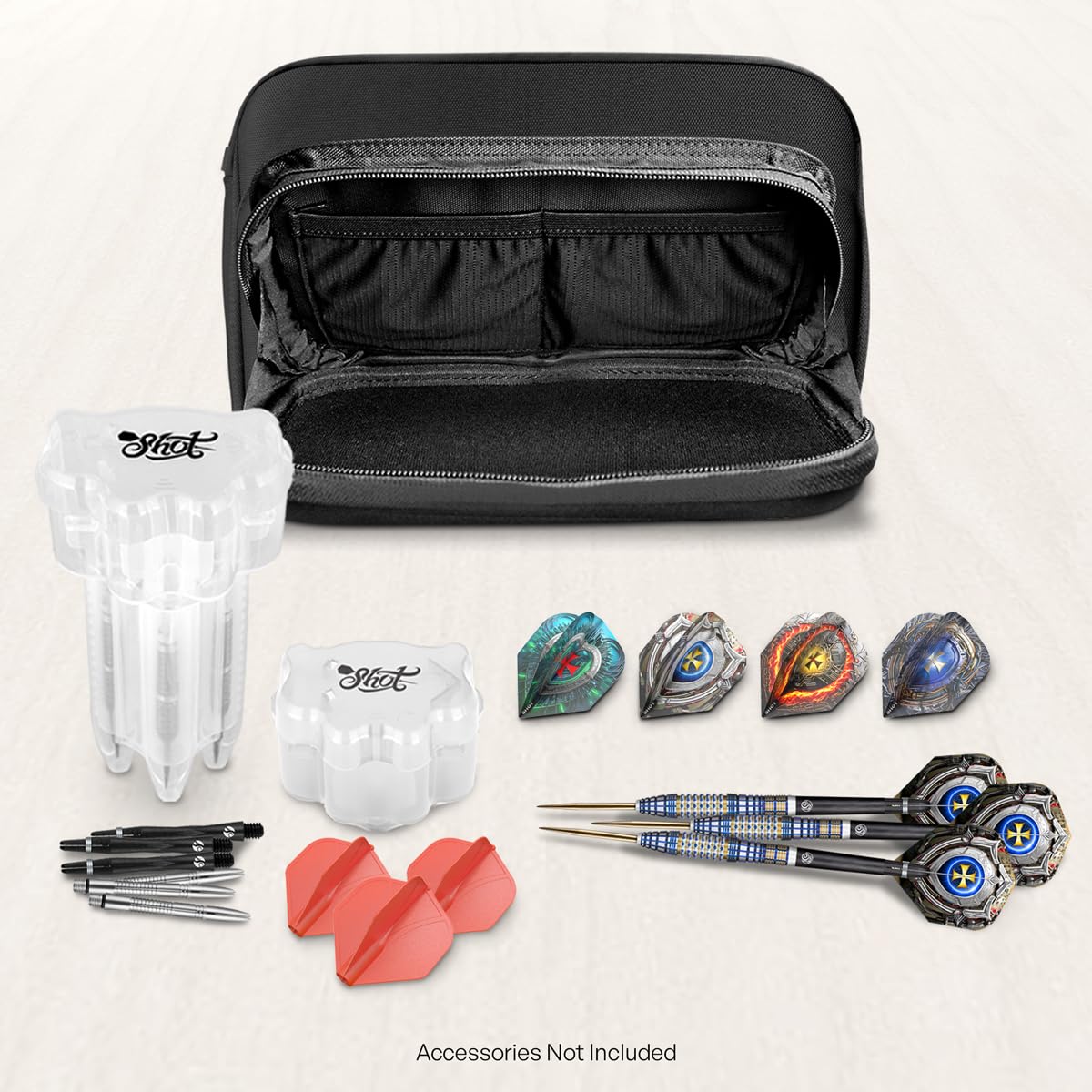 Shot! Darts Go Bag, Hartschalen-Darttasche vorne und ein Soft-Shell-Tragefach auf der Rückseite, entworfen für Spieler unterwegs.