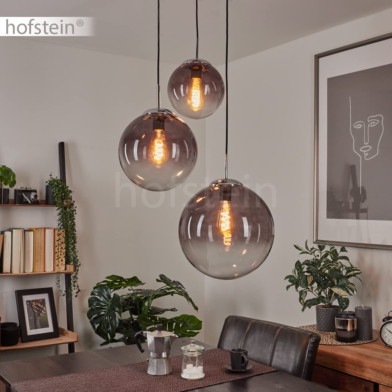 Lampada a sospensione Degevos, lampada a soffitto a 3 luci in metallo/vetro in colore cromo, lampada a sospensione moderna con sfere in vero vetro, altezza massima 120 cm, 3 x E27, senza lampadina/e