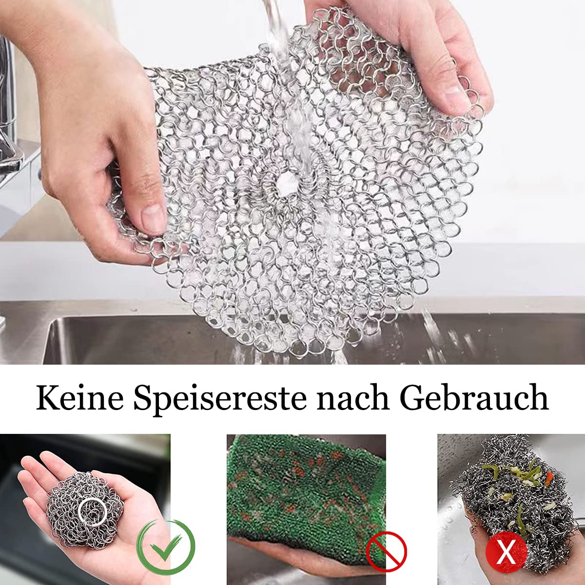 Gietijzeren reiniger, roestvrij staal, ringreiniger voor Dutch Oven, kettingnetschrobber, 2 stuks gietijzeren reiniger, ringreiniger met ophangring, 10 cm 12 cm, voor braadpan, pan, grillplaat, woks, butyeak