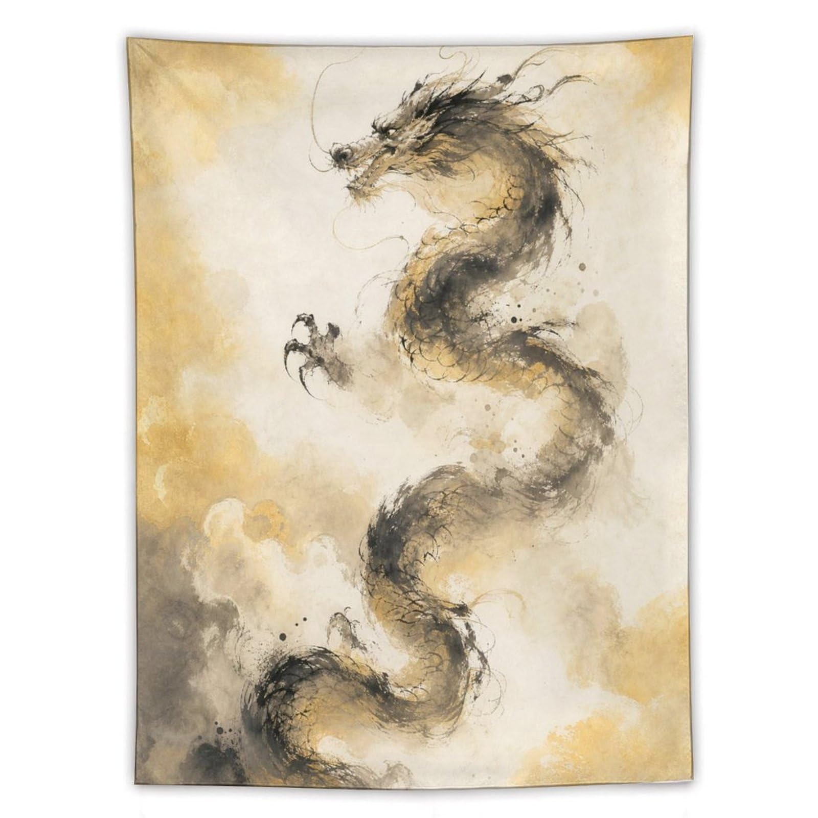 W7C8U2X3 Ink Dragon with Small Bird Wall Tapestry, Asian Ink, College Dorm
