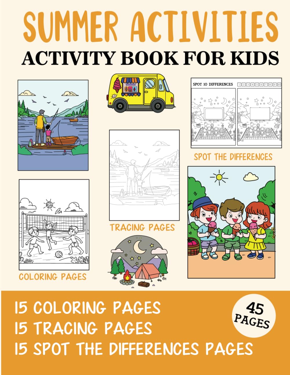 Summer Activities Activity Book for Kids: Coloring, Tracing and Spot the Difference Pages