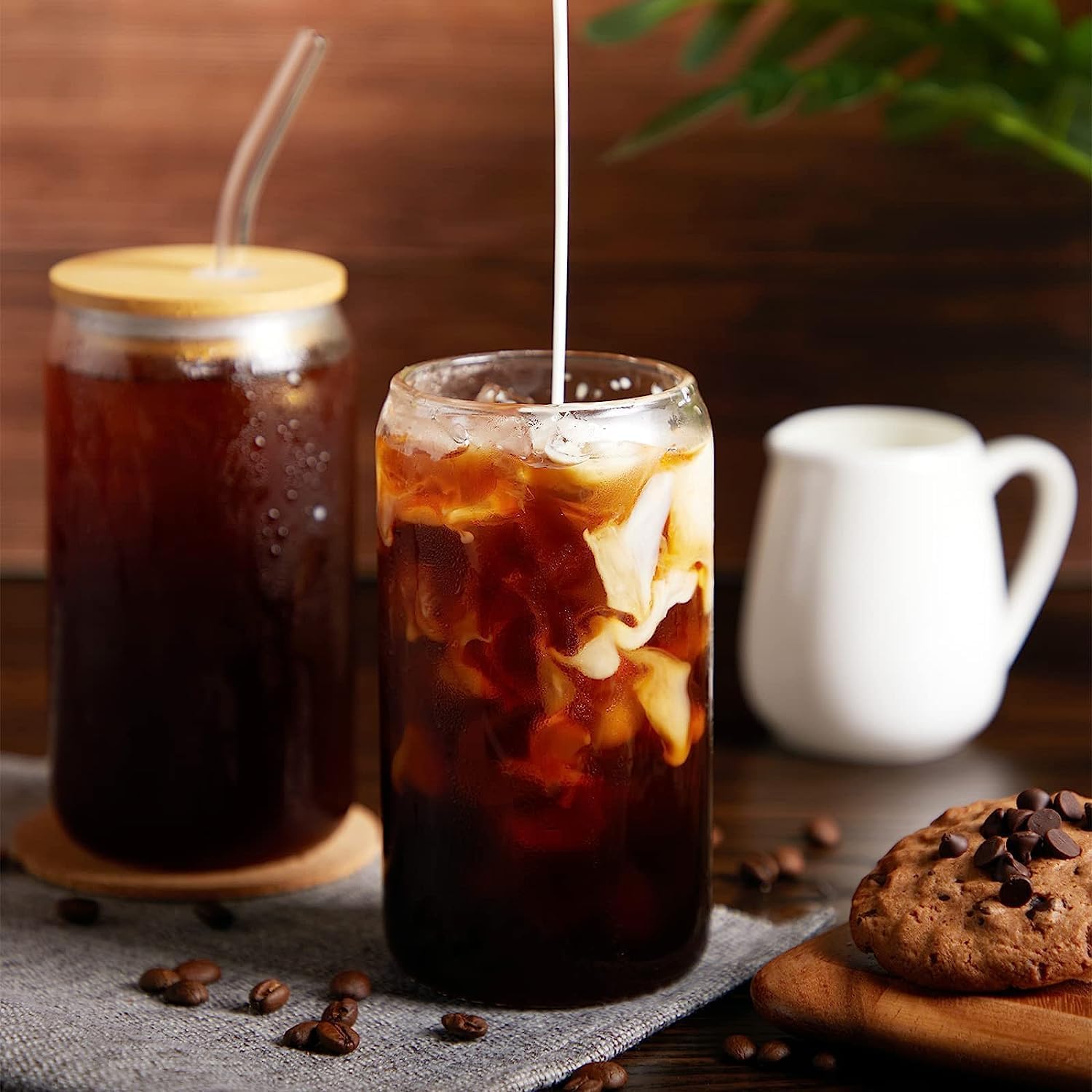 DOMINGO HUB® 1 Pack Glass Cups with Bamboo Lids and Straws 16 oz, Can Shaped Drinking Glasses Set, Iced Coffee Cup, Tea Cup, Cute Aesthetics Tumbler Cup, Birthday Gifts for Women Stemmed Glasses 3