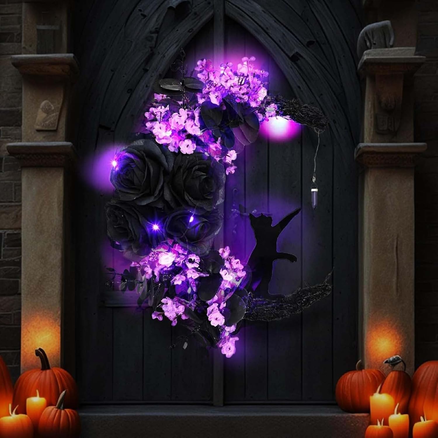Halloween Moon Wreaths for Front Door,Black Cat on Moon Wreath