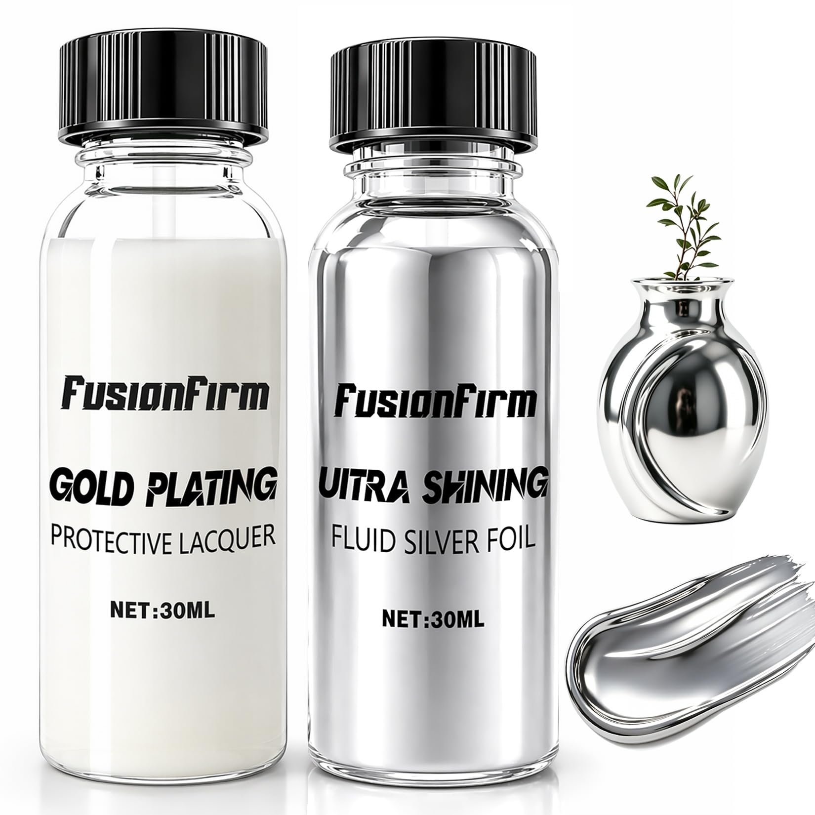 Flüssiges Silberblatt-Lack Set, alkoholbasierter Metallic-Silberlack mit Hochglanz-Versiegelung, schnelltrocknende Silberbeschichtung für Bastelprojekte, DIY und Resin-Arbeiten, 2x30ml