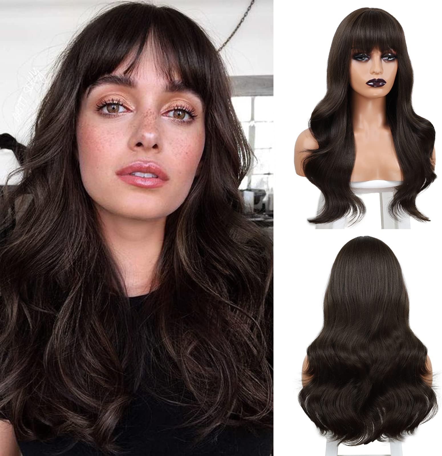 BOGSEA Brown Wig with Bangs for Women Long Wavy Hair Wig Brown Wig Curly Wavy Synthetic Wigs for Girls Daily Party Use(Brown)