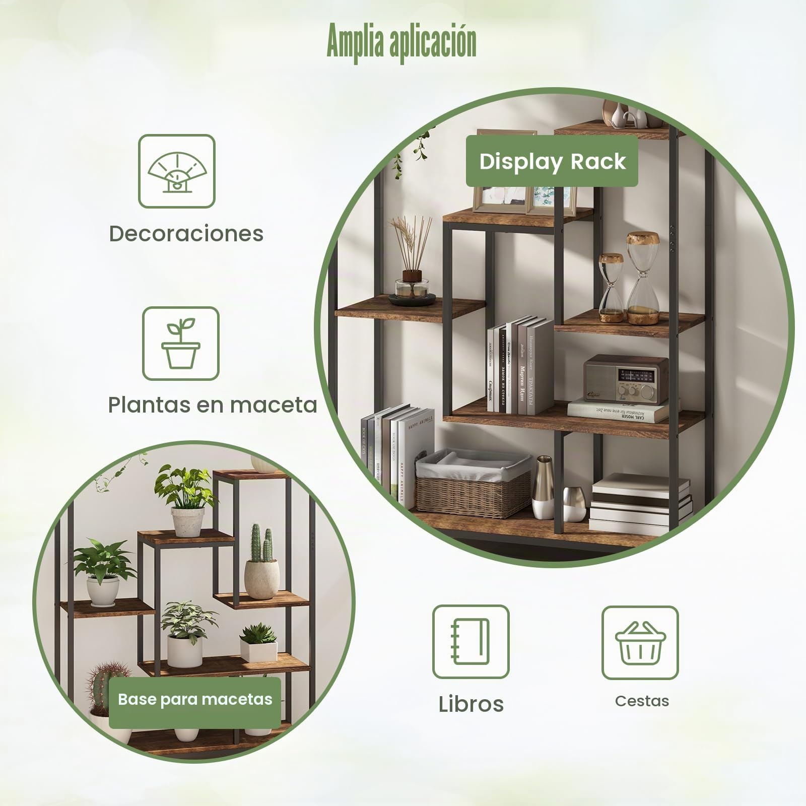 HOMASIS 6 Niveles Soporte para Plantas de Interior, 100x30x180cm Estantería Vertical y Multiusos con Rejilla y 10 Ganchos, Jardinera Industrial de Madera y Metal para Decoración Marrón