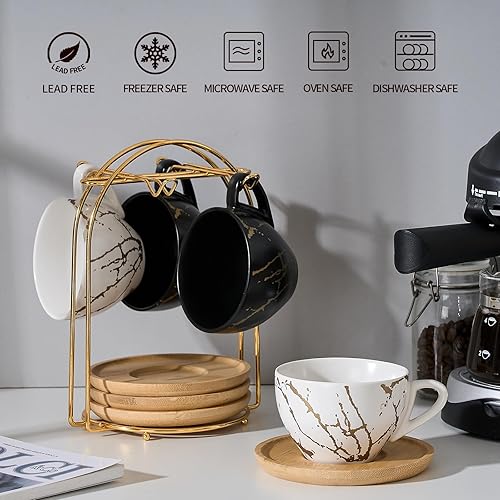 Miniatura 4 de LUKA Juego de 4 tazas de café expreso Demitasse de cerámica con platillos y soporte de metal, tazas de capuchino apilables de porcelana de 8 onzas
