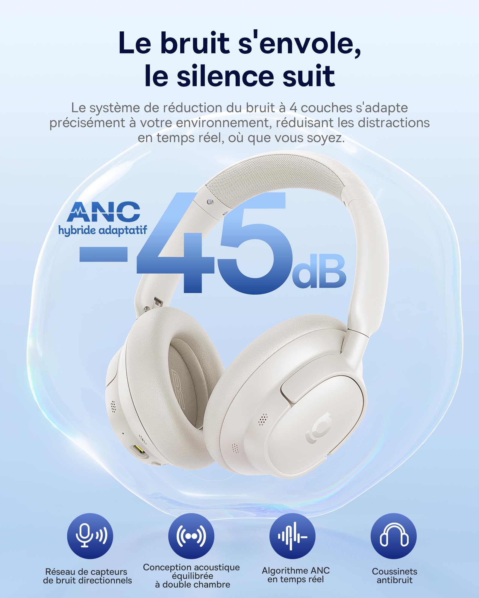 Baseus EH10 NC Casque Bluetooth avec Réduction de Bruit Hybride Active -45 DB, Casque Circum-Aural Hi-Res & Audio LDAC avec 5 Micros à IA, 80 h d’Autonomie, Bluetooth 6.0 - Blanc Lumière d’Étoile